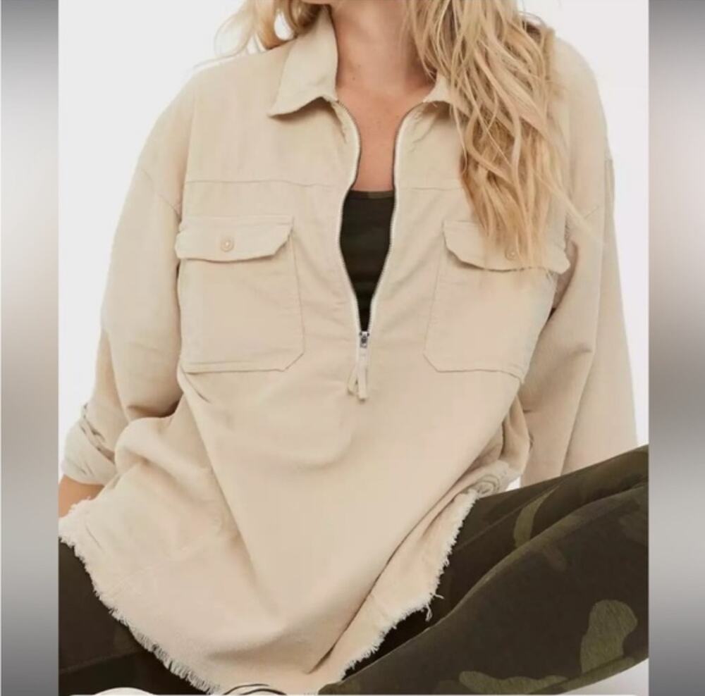 Aerie Offline Jacket Womens M Beige Corduroy Quater Zip Pullover Shacket Pockets